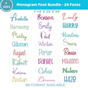 May include: A digital monogram font bundle featuring 24 distinct embroidery-style typefaces in various colours. The text displays names like Arabella, Benson, and Lovely in 6 sizes ranging from 1 inch to 3.5 inches. BX format is available.