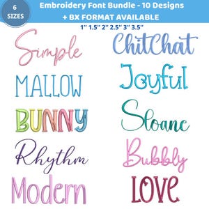 Puede incluir: Un paquete de fuentes de bordado con 10 diseños, incluyendo "Simple", "ChitChat" y "Joyful". El paquete ofrece seis tamaños, que van desde 2,5 cm hasta 8,9 cm. El texto es de varios colores, como rosa, azul y verde, sobre un fondo blanco.