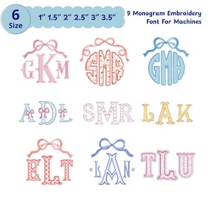 May include: A digital display of 9 monogram embroidery fonts for machines, featuring various letter combinations in pink, blue, and yellow with bow accents. Text includes 6 Size, 1 1.5 2 2.5 3 3.5, and 9 Monogram Embroidery Font For Machines.