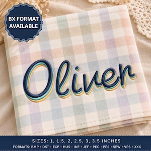 May include: A square fabric piece with a pastel plaid pattern in light blue, pink, and green. The name Oliver is embroidered in the center in a dark blue, teal, and yellow layered script font. Text reads BX FORMAT AVAILABLE and SIZES: 1, 1.5, 2, 2.5, 3, 3.5 INCHES.