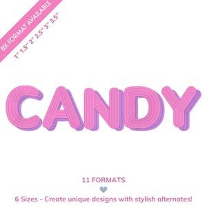 May include: A pink and purple 3D-style word "CANDY" on a white background. The text is in a bold, rounded font with a textured appearance. Additional text includes "BX FORMAT AVAILABLE" and size options, plus "11 FORMATS".