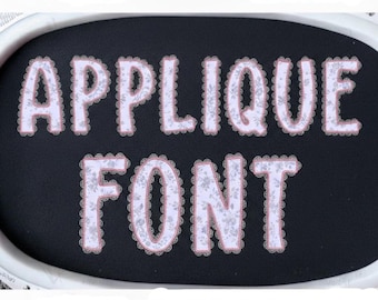May include: A digital embroidery design featuring the words "APPLIQUE FONT" in a decorative font with a lace applique design. The text is in white with a pink outline and lace trim, set against a black background. The image also includes the text "5 SIZES + 11 FORMATS + BX FORMATS".