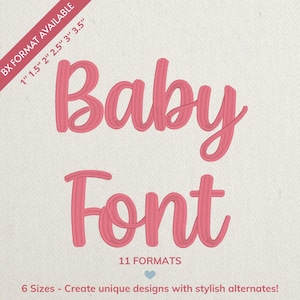 Può includere: Testo rosa "Baby Font" in stile corsivo, con la parola "Font" sotto. L'immagine include il testo "11 FORMATI" e "6 taglie - Crea design unici con alternative eleganti!" Un banner diagonale recita "BX FORMAT AVAILABLE" con misure.
