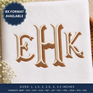 May include: A white fabric square featuring an embroidered monogram of the letters EHK in a metallic gold and tan thread. A dark blue badge in the top left corner reads BX FORMAT AVAILABLE. The bottom text lists sizes 1, 1.5, 2, 2.5, 3, 3.5 inches.