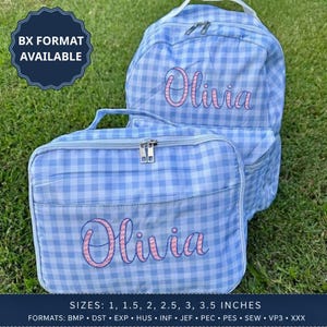 May include: A light blue and white gingham backpack and matching lunch bag, both featuring the name Olivia embroidered in pink script. A dark blue badge in the corner reads BX FORMAT AVAILABLE, and text at the bottom lists sizes 1 to 3.5 inches.
