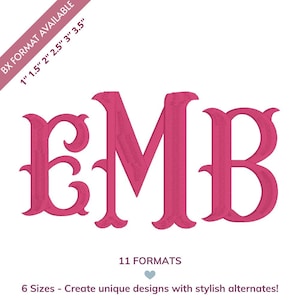 May include: A pink embroidered monogram featuring the letters E, M, and B in a decorative font. The image includes text indicating available formats and sizes for creating unique designs. The letters are in a bold, ornate style.
