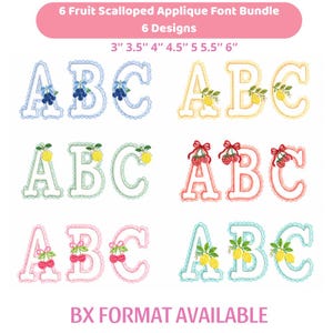 Op de afbeelding: Geborduurde applicatie letterontwerpen met de letters A, B en C, versierd met fruitmotieven zoals blauwe bessen, citroenen en kersen. De ontwerpen zijn verkrijgbaar in verschillende maten, van 7.6 cm tot 15.2 cm. De tekst luidt "6 Fruit Scalloped Applique Font Bundle".