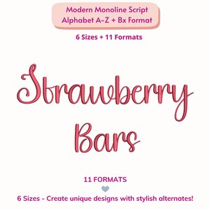 Puede incluir: Un diseño gráfico con las palabras "Strawberry Bars" en rosa, en escritura cursiva. El diseño también incluye el texto "Modern Monoline Script Alphabet A-Z + Bx Format", "6 Sizes + 11 Formats", y "11 FORMATS". El fondo es blanco.