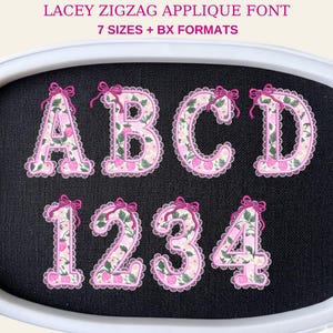 May include: Lacey zigzag applique font showing letters A, B, C, D and numbers 1, 2, 3, 4. The letters and numbers are decorated with a floral pattern and lace trim, and are tied with pink bows. The text "7 sizes + BX formats" is also visible.