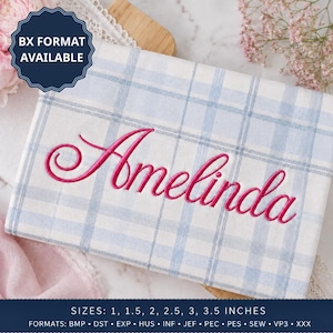 Könnte beinhalten: Ein weißer Stoff mit hellblauem Karomuster und dem in leuchtend pinker Schreibschrift gestickten Namen Amelinda. Ein dunkelblaues Abzeichen zeigt BX FORMAT AVAILABLE. Der Text unten listet die Größen 2,54, 3,81, 5,08, 6,35, 7,62, 8,89 cm auf.