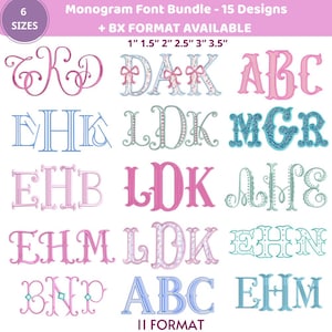 Monogram Font Bundle 15 Designs, Applique Alphabet with Bow, Interlocking Circle and Stacked Lettering, BX pes dst jef, Huge Embroidery Set