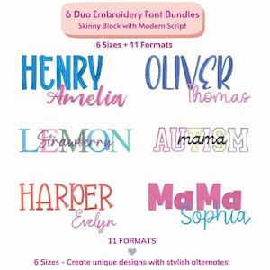 Mega Duo Font Bundle 12 Fonts, 6 Matching Sets for Machine Embroidery, Block and Script Alphabet, Custom Name Overlay, Trending Mama Font