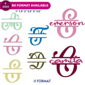 May include: A selection of monogram designs in various colours, including green, blue, pink, and gold. The designs are in a split letter format, with names like "Emerson" and "Camila" displayed. The image also indicates the availability of BX format and sizes.