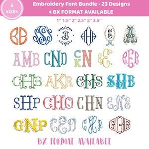 May include: An embroidery font bundle featuring 23 monogram designs in 6 sizes ranging from 1 inch to 3.5 inches. The collection displays various letter styles including circular, diamond, and ornate script monograms in multiple colors.