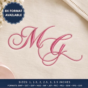 May include: A machine embroidery design featuring the letters MG in a pink cursive script on a light beige fabric. A dark blue badge in the top left corner reads BX FORMAT AVAILABLE. The bottom text lists sizes 1, 1.5, 2, 2.5, 3, 3.5 inches.