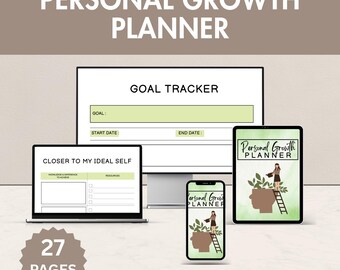 Puede incluir: Un planificador de crecimiento personal digital que se muestra en una computadora de escritorio, una computadora portátil, una tableta y un teléfono inteligente. El planificador incluye un seguimiento de objetivos y el texto "Closer to my ideal self". La imagen también muestra "27 páginas."