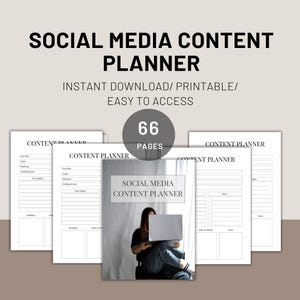 May include: A social media content planner with the text "SOCIAL MEDIA CONTENT PLANNER" and "66 PAGES". The planner is an instant download and printable. The image shows a person using a laptop.
