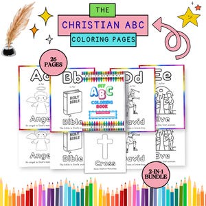 May include: A collection of Christian ABC coloring pages, featuring illustrations of angels, the Bible, and other biblical themes. The set includes 26 pages and a 2-in-1 bundle. The pages are designed for children to color and learn about Christian concepts.