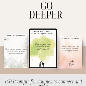 Könnte beinhalten: Ein digitales Produkt mit dem Text "The conversation series GO DEEPER". Es enthält Anregungen für Paare, sich zu verbinden und zu wachsen, mit Kategorien wie Träume & Bestrebungen, Kommunikation & Konfliktlösung und Liebe & Wertschätzung.