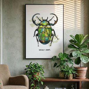 May include: A framed wall art print featuring a large, detailed illustration of a beetle with a stained-glass style shell in shades of green, blue, and yellow. The text "NATURE'S ARMOR" is printed in black below the beetle on a white background.