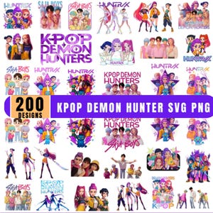 Peut inclure: Une collection de motifs numériques colorés mettant en vedette K-Pop Demon Hunters et Saja Boys. Les motifs incluent divers personnages et le texte "200 Designs" et "KPOP DEMON HUNTER SVG PNG".