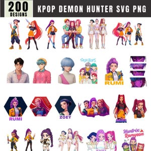 Peut inclure: Une collection de designs KPOP Demon Hunter SVG et PNG. L'image présente diverses illustrations de personnages de style anime avec des cheveux et des vêtements vibrants. Le texte comprend "200 DESIGNS", "KPOP DEMON HUNTER SVG PNG", et des noms de personnages comme "RUMI", "ZOEY", et "MIRA".