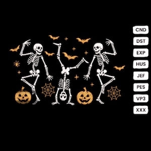 May include: A black background features three white skeleton figures in playful poses, with golden bats, stars, spiderwebs, and jack-o'-lanterns. The image includes text on the right side with file type abbreviations.