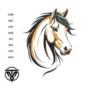 Op de afbeelding: Gedetailleerde illustratie van een paardenkop, met een wit gezicht, gouden en zwarte accenten. De manen hebben turquoise highlights. De afbeelding bevat een logo en een lijst met afkortingen.