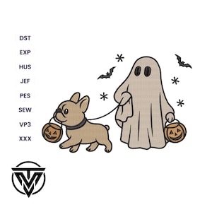 Puede incluir: Gráfico con temática de Halloween que presenta un bulldog francés marrón con un collar negro y una linterna de calabaza. Un fantasma con una sábana pasea al perro, también con una linterna de calabaza. Murciélagos y estrellas también están incluidos.