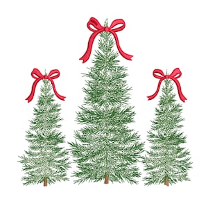 May include: Three green Christmas trees, each topped with a red bow. The trees have a detailed, textured appearance, and are of different heights. The bows are a vibrant red, creating a festive look. The background is plain white.