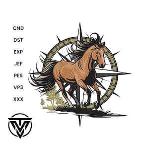 May include: A brown horse running in front of a compass rose design. The horse has a flowing mane and tail. The compass rose is olive green with black points. The image includes the text "CND, DST, EXP, JEF, PES, VP3, XXX" and a logo.