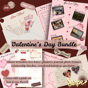 May include: A Valentine's Day bundle featuring a variety of stationery items. Includes a love letter, planners, photo frames, and a relationship timeline. The text "Valentine's Day Bundle" is prominently displayed.