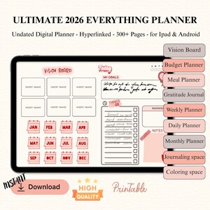 Puede incluir: Planificador digital para 2026 con tablero de visión, presupuesto, comidas y secciones de planificación semanal. Incluye un diario de gratitud, planificadores diarios y mensuales, y espacio para escribir. Calendario de enero a diciembre. Imprimible y de alta calidad.