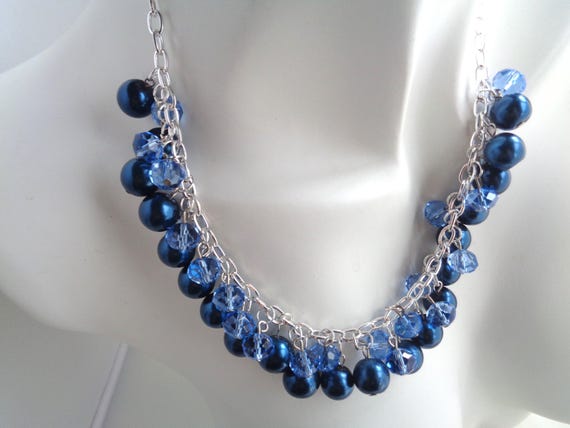 Classic Tonal Blue Crystal Pearl Wedding Bib Necklace – Navy & Light Blue Statement Jewelry – Elegant Handmade Bridal  Formal Necklace