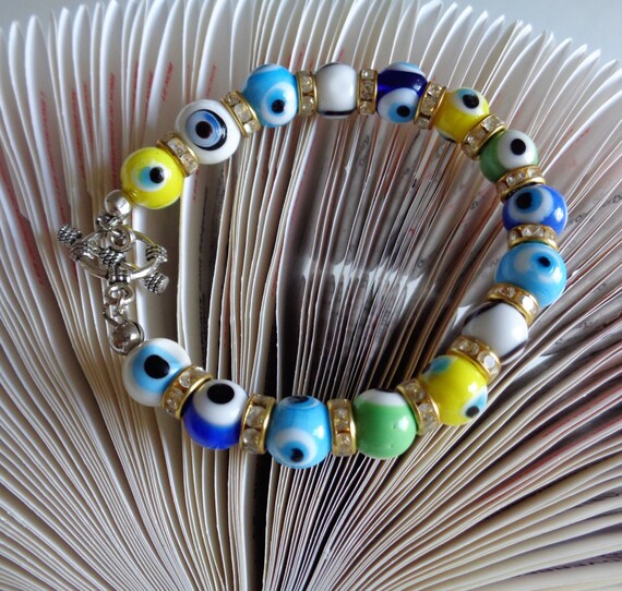 Halloween Evil Eye Bracelet – Black Holite Beads with Rhinestone Spacers – Mystical Stretch Wristwear for Protection & Style by La Nesamarie
