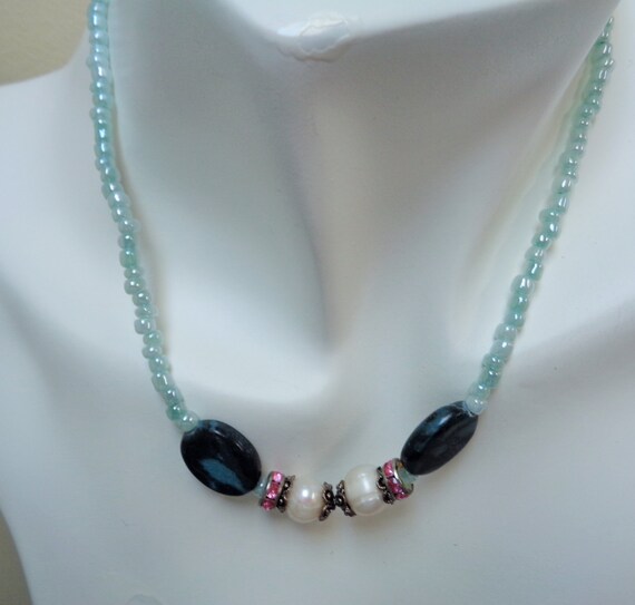 Fresh Water Pearl Blue Stone and Seed Beads Necklace - Zebra Cadet Blue and Fresh Water Pearl Necklace - For Casual Wearings -by lanesamarie