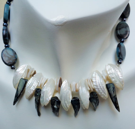 16" Choker Necklace - Zebra Cadet Bluestone and MOP Handmade Jewelry - Glass Beaded Necklace - Chips & Oval Shape Necklace, by lanesamarie