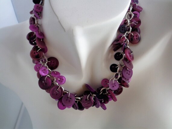 Sustainable Statement Necklace, Purple Buttons Chainmail Necklace, Eco-Friendly Boho  Necklace, Upcycled Button Necklace, Recycled Necklace