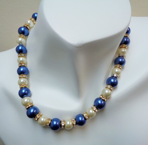 Blue Glass Pearl Jewelry Set, Beige Necklace Bracelet Earring Set, Beaded Necklace Bracelet and Earring Sets, Gift for her,by lanesamarie