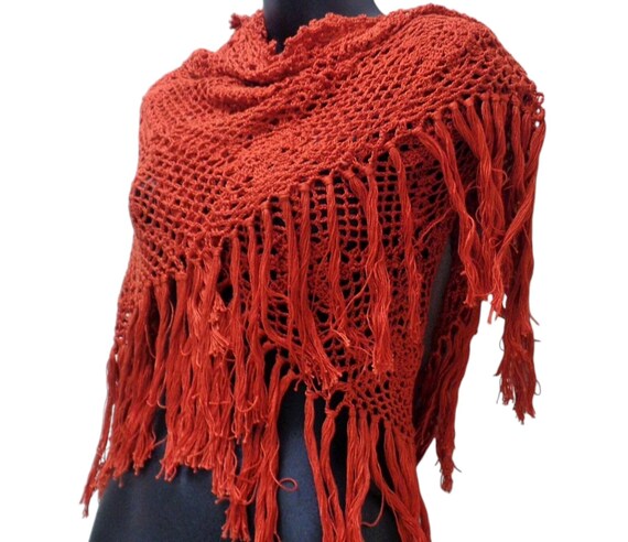 Pantone Orange Triangle Wedding Shawl -Triangular Dark Orange Shoulder Wrap - Dark Orange Crochet Tassel Shawl - Wedding Crochet Shawl