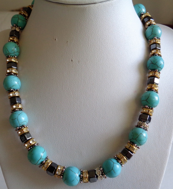 Sphere Turquoise Black Hematite Jewelry Set, Round Turquoise  Earrings and Necklace, Faceted Black Hematite Jewelry Set,  by lanesamarie