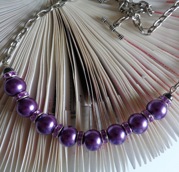 Purple Pearl Necklace, Purple Mother of Pearl Necklace, Violet Pearl Necklace, Plum Pearl Necklace, Purple Brass Necklace, by lanesamarie