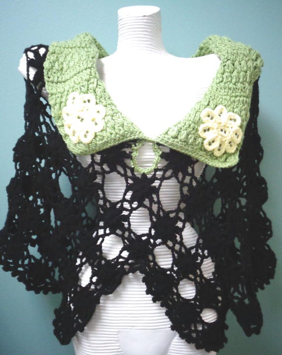 Asymmetrical Dolman Sleeves Black and Olive Green Poncho Shawl - Recycled Tin Pin Flower Poncho - Black Kimono Style Poncho - by lanesamarie