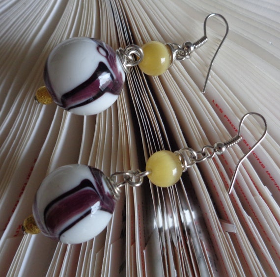 Citrine Moonstone Lampwork Beaded Earrings, Citrine Cat eye & Brown White Lampwork Dangling Earrings, Women Accessories -by lanesamarie