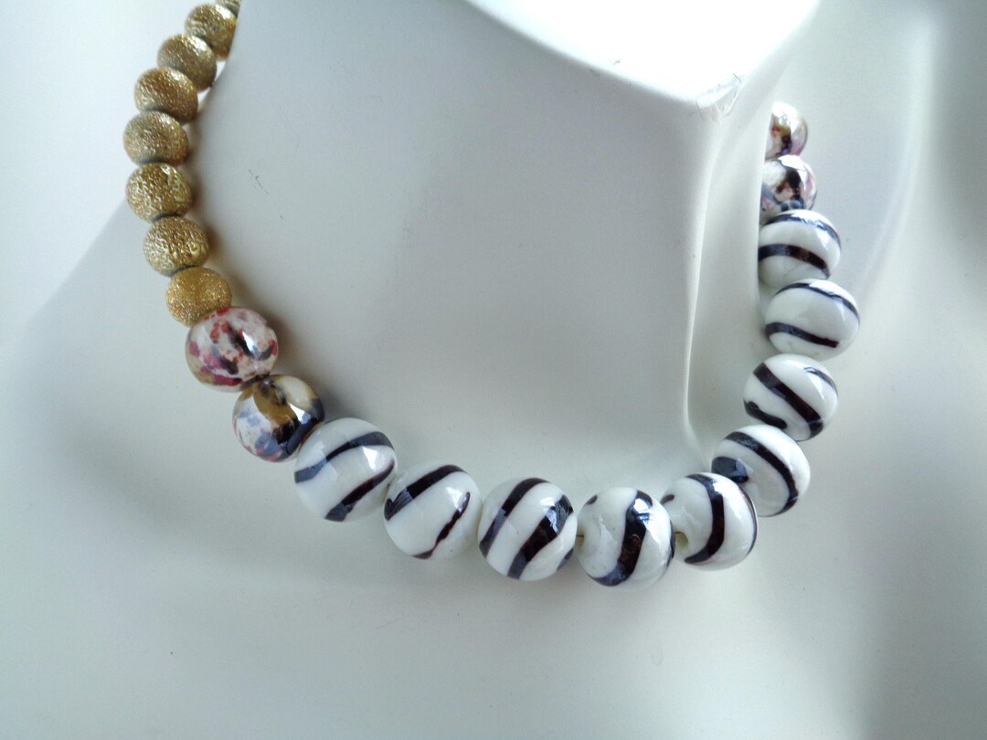 Bold Black Gold and White Choker Necklace, Lampwork Necklace in White ...
