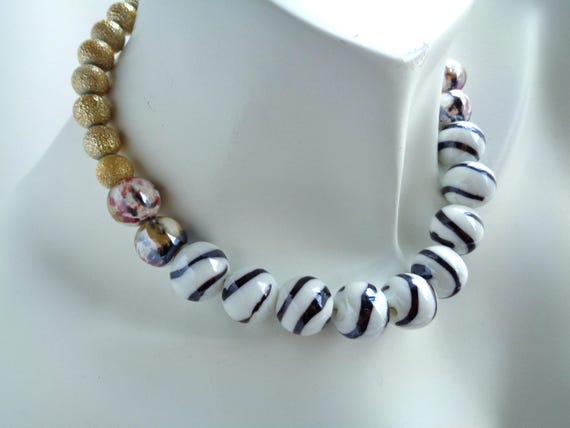 Bold Black Gold and White Choker Necklace, Lampwork Necklace in White with Black Swirl Design , Statement Necklace, Chunky Boho Necklace