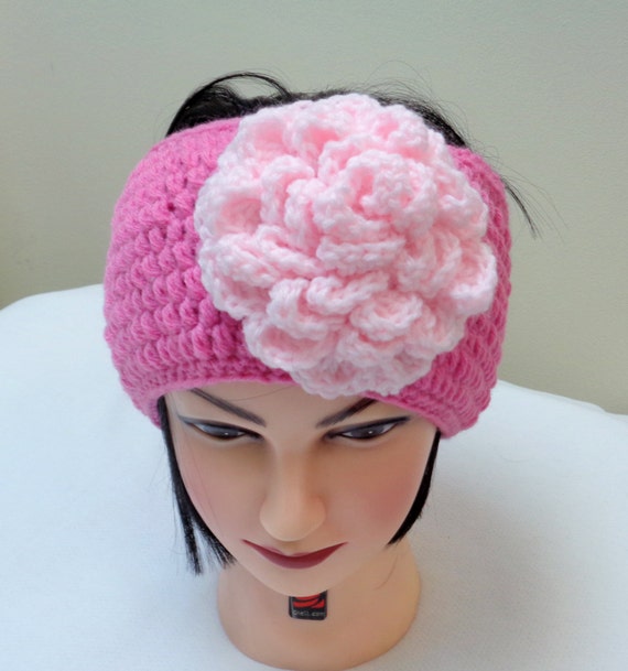 Hot Pink Floral Crochet Earwarmer - Baby Pink Flower Crochet Headwarmer - Headband with flower -  Cold Weather Accessories - by lanesamarie