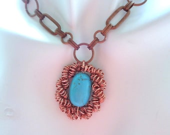 Coiled Copper Turquoise Pendant Choker: Twisted Metal Necklace