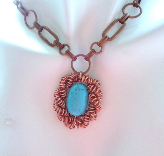 Coiled Copper Turquoise Pendant Choker Necklace,  Copper Turquoise Pendant Necklace, Metal Twisted Choker Necklace, Minimalist Woman Choker.
