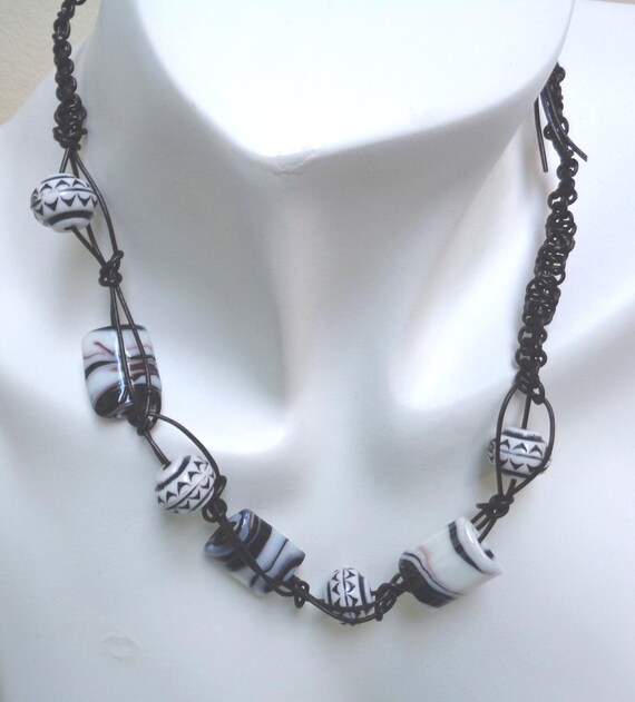 Elegant Macrame Necklace with MonoChrome Lampwork Beads, Bohemian Black & White Beaded Necklace, Square Knot Design with Leather Cord
